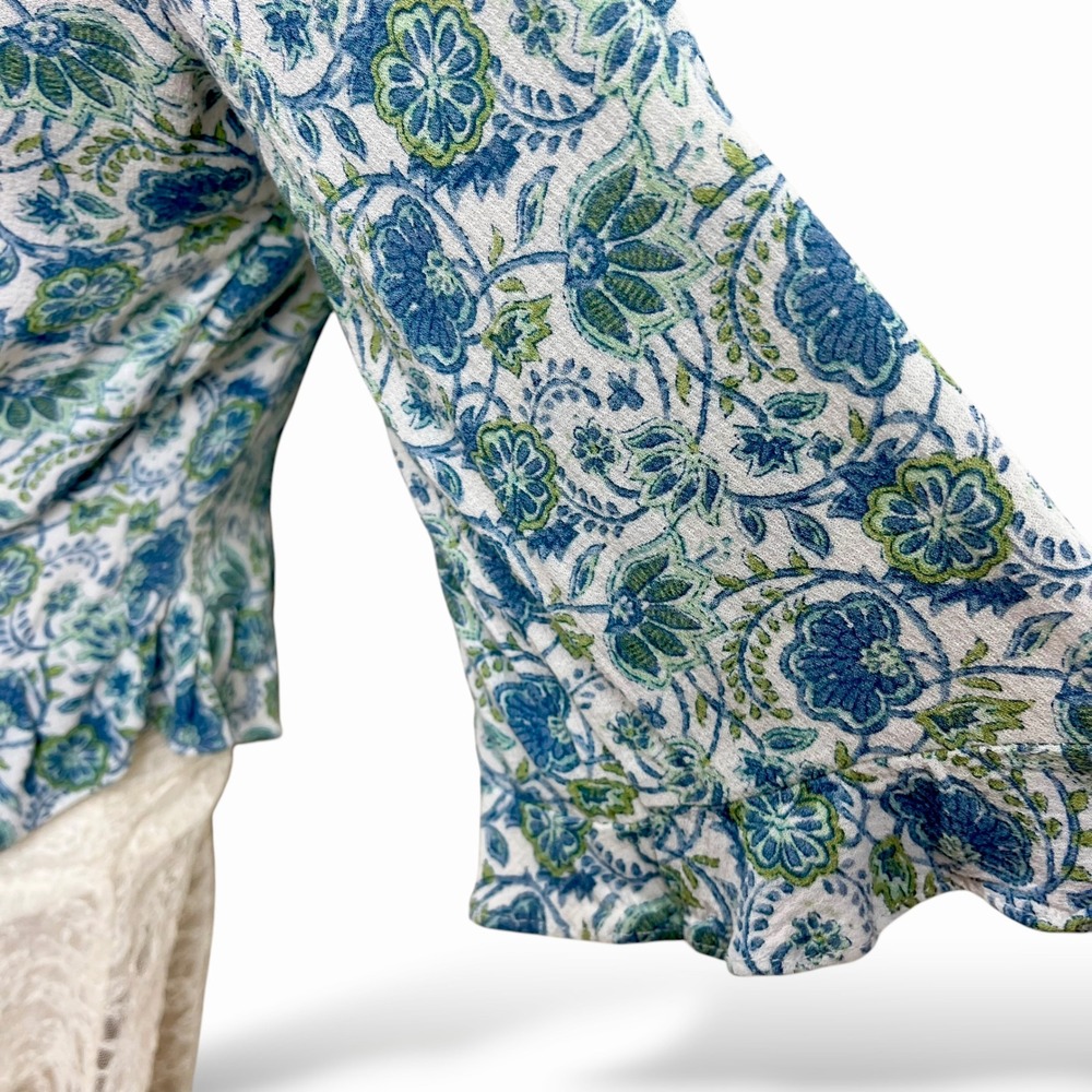 Boho Womens S Ruffle Floral Blouse Rose & Thyme Blue Paisley Peasant Top Cottege - Picture 7 of 11